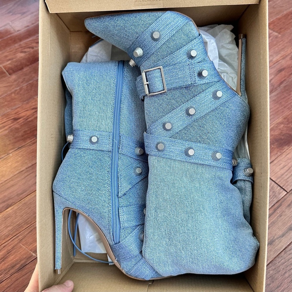 NEW Steve Madden Fink Light Denim Studded Y2K Below the Knee Heeled Boots 6.5 - Picture 3 of 11